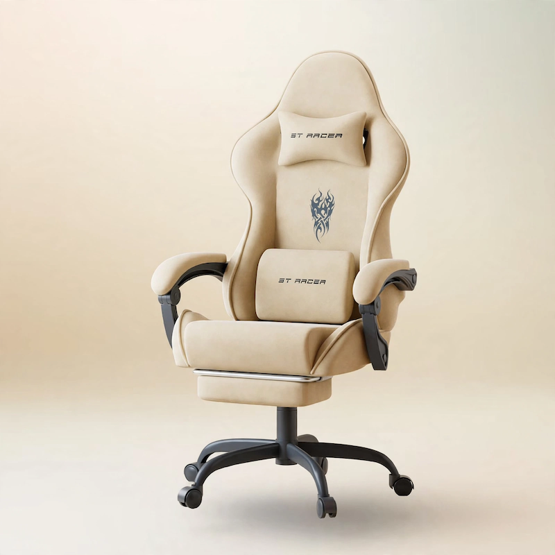comfortable STRACER Velvet Upholstered Gaming Chair Featuring a Footrest, High Back Design, Ergonomic Support for Gamers, Includes Headrest And Massage Lumbar Pillow, Racing Style Reclining Video Game Chair 24 Studio product shot of a beige color Velvet Upholstered Gaming Chair against a neutral gradient background, highlighting its sleek design and smooth casters.