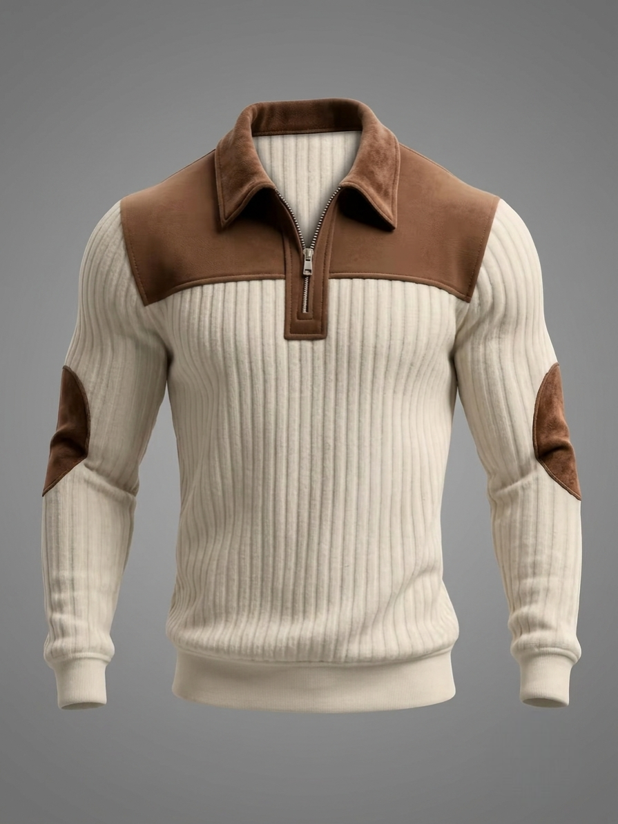 Men's Color-Block Design Casual Stand Collar Pullover - Ribbed Color-Block Patchwork, Thick and Warm Pullover, Stand Collar with Zipper Design, Suitable for Daily Casual Fashion, Simple and Versatile for Outings and Commuting, Long-Sleeve Pullover 10 Four image grid showing a white color casual stand collar pullover close up on a model, a flat lay with boots and jeans, a detailed shot of the elbow patch, and a model back view outdoors.