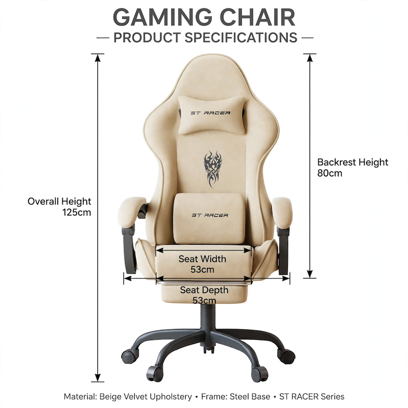 comfortable STRACER Velvet Upholstered Gaming Chair Featuring a Footrest, High Back Design, Ergonomic Support for Gamers, Includes Headrest And Massage Lumbar Pillow, Racing Style Reclining Video Game Chair 23 Technical specification diagram showing the height, seat width, and depth dimensions of the beige color Velvet Upholstered Gaming Chair.