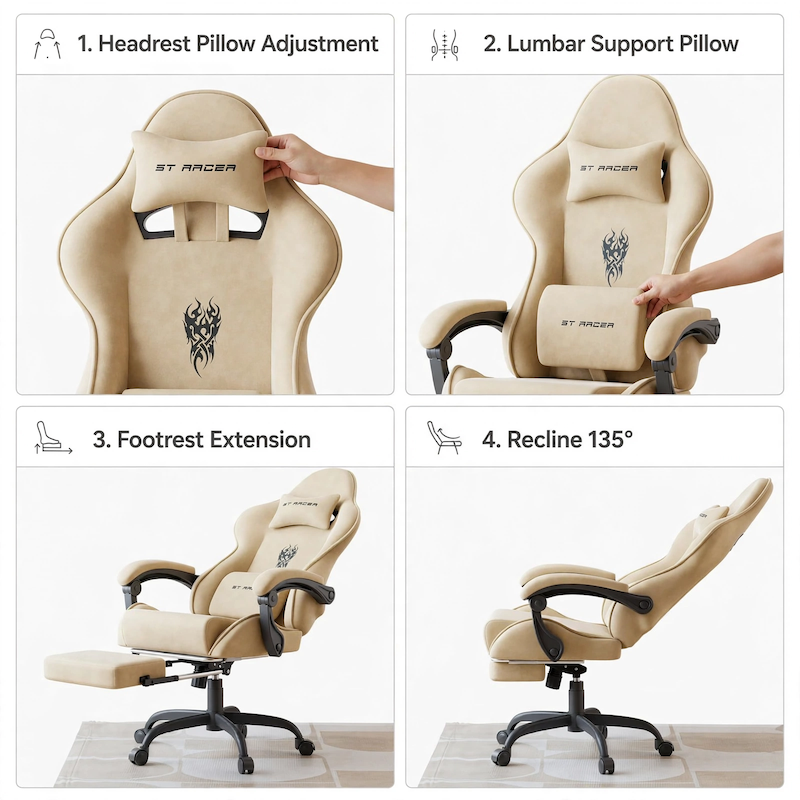 comfortable STRACER Velvet Upholstered Gaming Chair Featuring a Footrest, High Back Design, Ergonomic Support for Gamers, Includes Headrest And Massage Lumbar Pillow, Racing Style Reclining Video Game Chair 22 A four-panel tutorial image demonstrating the headrest adjustment, lumbar pillow setup, footrest extension, and 135-degree recline of the beige color Velvet Upholstered Gaming Chair.