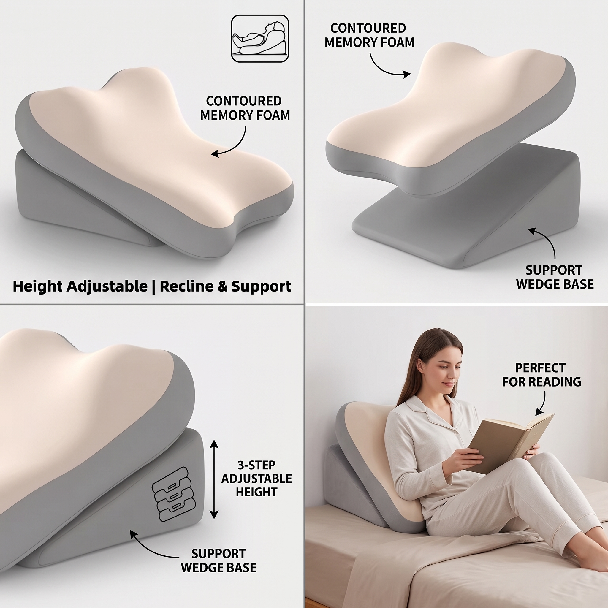 reliable Ergonomic Bed Wedge Pillow Adjustable Memory Foam Backrest for Reading, 2pcs Split Design Support Pillow for Sitting Up in Bed, Non-Slip Lumbar & Neck Cushion for Home Office & Relaxing 2 A 4-panel infographic detailing the features of the mrali beige grey color Bed Wedge Pillow. The panels show the assembled pillow labeled "Height Adjustable | Recline & Support", an exploded view of the "Contoured Memory Foam" and "Support Wedge Base", a close-up of the "3-STEP ADJUSTABLE HEIGHT" mechanism, and a lifestyle image of a woman using it while reading in bed, labeled "PERFECT FOR READING".