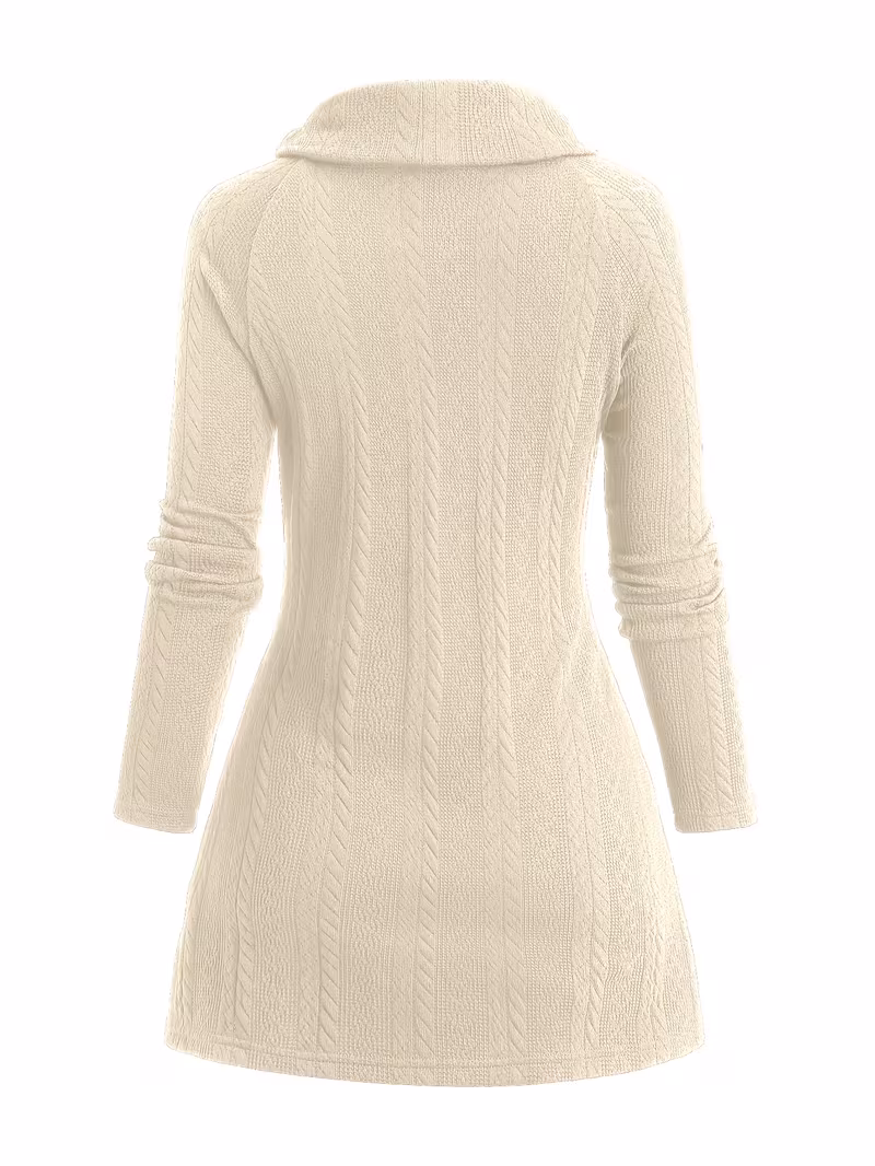 useful Sophisticated Decorative Buttoned Long Sleeve Top | Modern High Neck Knit for Business Casual 3 The back view of a slim-fit beige long sleeve top showing the textured cable knit pattern and seamless cowl collar.
