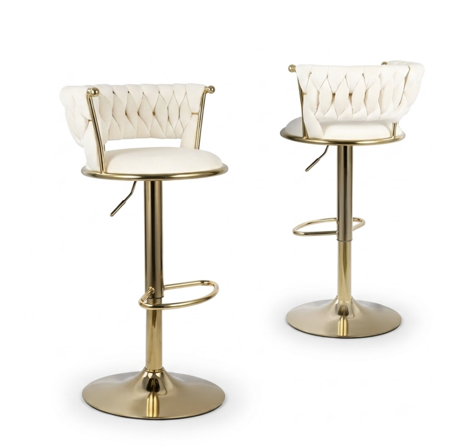 2pcs/4pcs Modern Swivel Woven Velvet Bar Stools, Stool, 360° Swivel Adjustable Height Bar Stool with Backs Golden Metal Tall Bar Stools Counter Height for Kitchen Island, for Christmas, Festival, New Year'S Gift 4 A beige color set of 2 Swivel Woven Velvet Bar Stools featuring a front view and a back view on an adjustable gold pedestal base against a crisp white background.