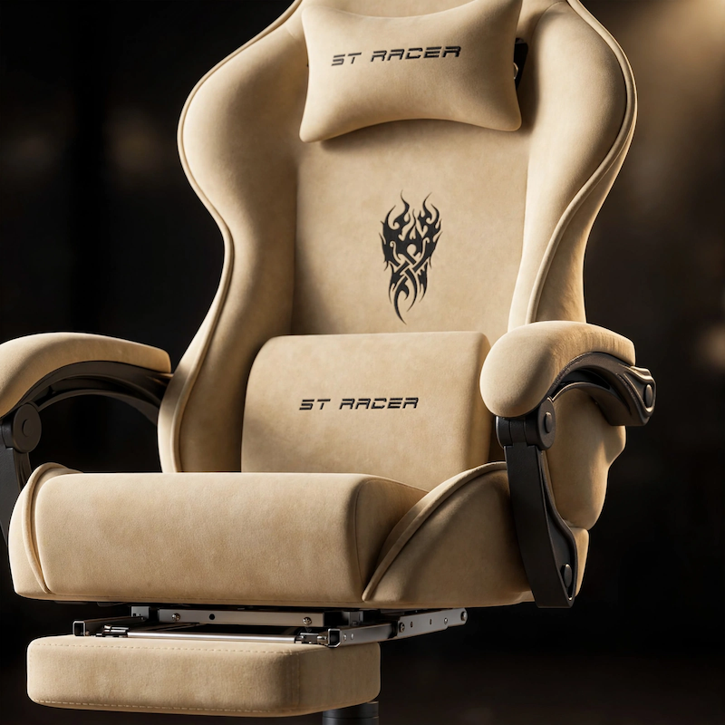 comfortable STRACER Velvet Upholstered Gaming Chair Featuring a Footrest, High Back Design, Ergonomic Support for Gamers, Includes Headrest And Massage Lumbar Pillow, Racing Style Reclining Video Game Chair 21 Get the most out of your seating experience. This step-by-step visual guide illustrates how to adjust the headrest pillow, position the lumbar support, extend the built-in footrest, and utilize the 135-degree recline function on your beige color Velvet Upholstered Gaming Chair.