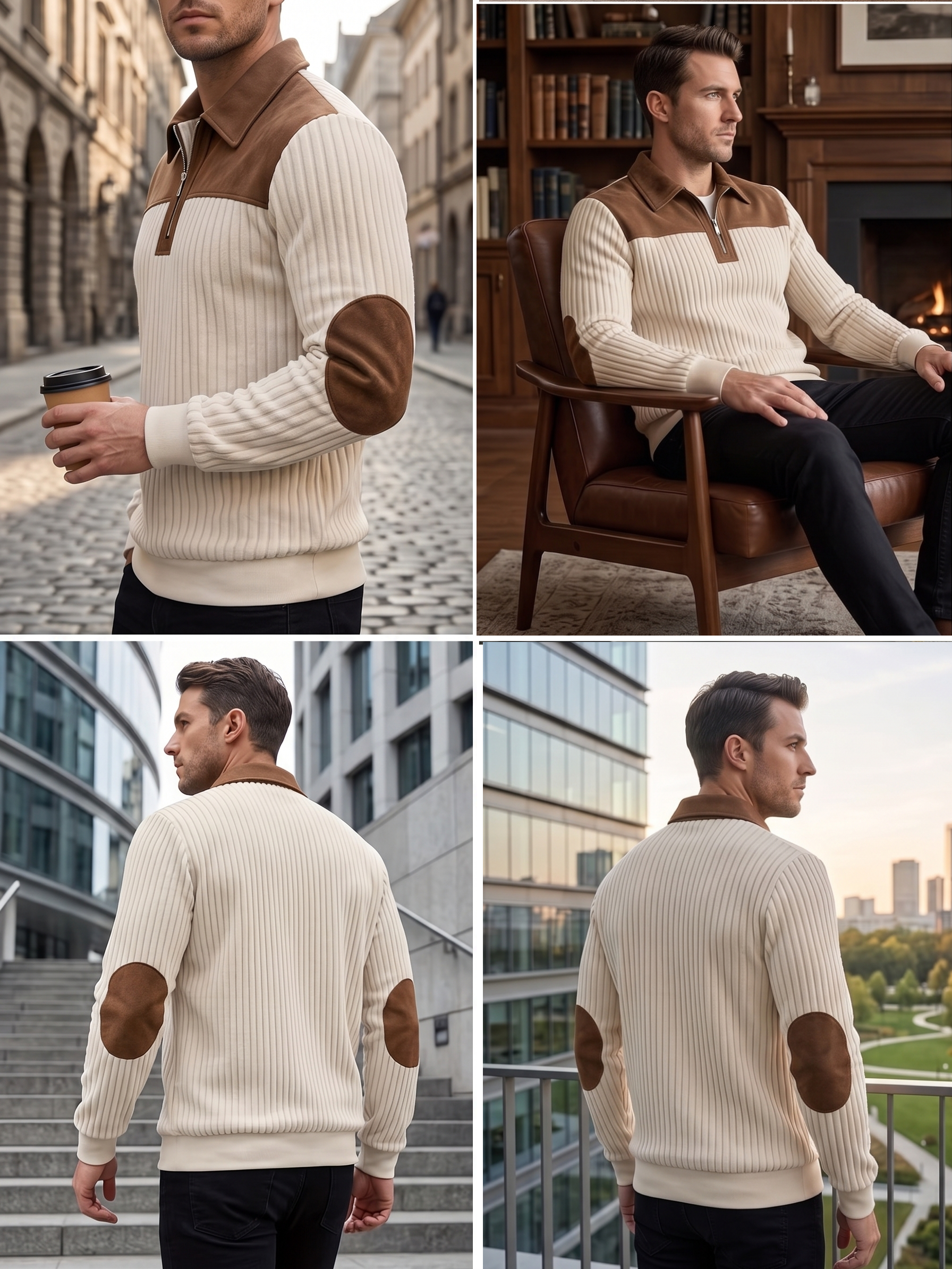 Men's Color-Block Design Casual Stand Collar Pullover - Ribbed Color-Block Patchwork, Thick and Warm Pullover, Stand Collar with Zipper Design, Suitable for Daily Casual Fashion, Simple and Versatile for Outings and Commuting, Long-Sleeve Pullover 16 Four image grid showing a male model wearing a beige color casual stand collar pullover in various outdoor city locations and an indoor lounge chair.