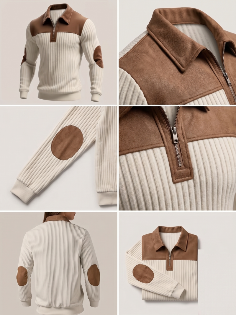 Men's Color-Block Design Casual Stand Collar Pullover - Ribbed Color-Block Patchwork, Thick and Warm Pullover, Stand Collar with Zipper Design, Suitable for Daily Casual Fashion, Simple and Versatile for Outings and Commuting, Long-Sleeve Pullover 3 Multi photo layout showcasing close up details of a beige color casual stand collar pullover including the zipper stitching, cuff ribbing, oval elbow patch, and a neatly folded view.