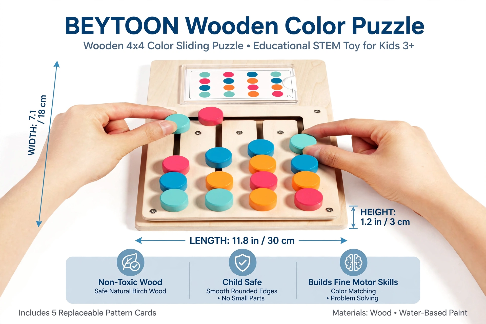 BEYTOON Wooden Color Puzzle Boost Logic, Focus & Hand-Eye Coordination | Educational Toy for YoungstersChristmas stocking stuffers,Christmas stocking stuffers 7 Infographic showing the dimensions of the BEYTOON toy, highlighting the child-safe features of how the Wooden Color Puzzle Boost Logic.