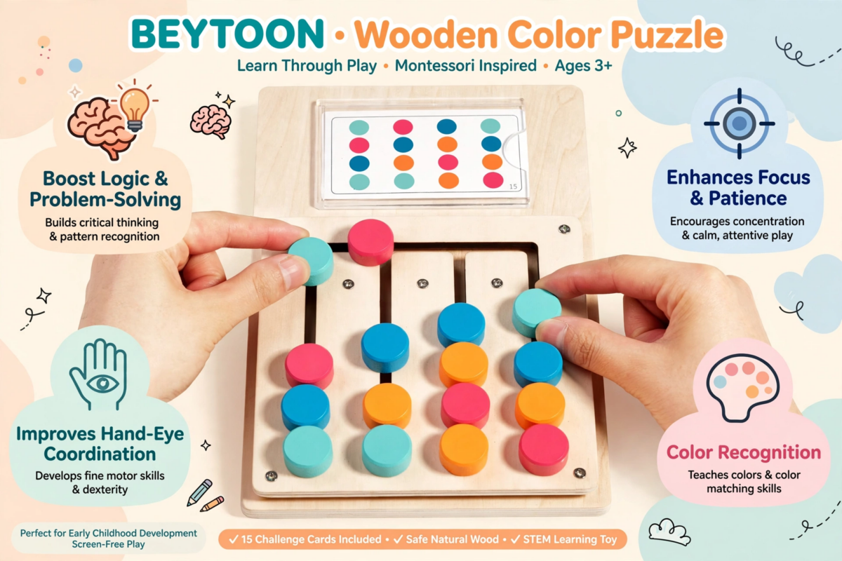 BEYTOON Wooden Color Puzzle Boost Logic, Focus & Hand-Eye Coordination | Educational Toy for YoungstersChristmas stocking stuffers,Christmas stocking stuffers 2 An educational infographic detailing the benefits of the toy, explaining exactly how the Wooden Color Puzzle Boost Logic, enhances focus, and improves hand-eye coordination.