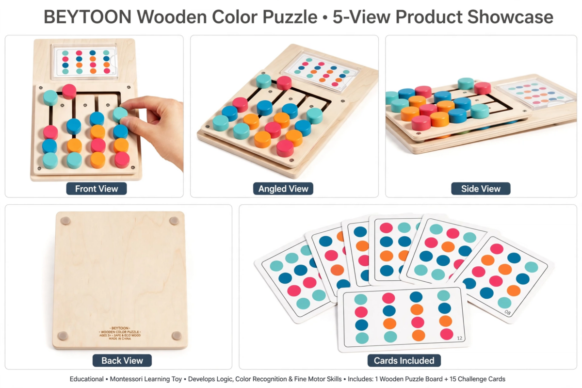BEYTOON Wooden Color Puzzle Boost Logic, Focus & Hand-Eye Coordination | Educational Toy for YoungstersChristmas stocking stuffers,Christmas stocking stuffers 3 A collage showing the front, angled, side, and back views of the toy, plus the included cards, providing a full look at the Wooden Color Puzzle Boost Logic.
