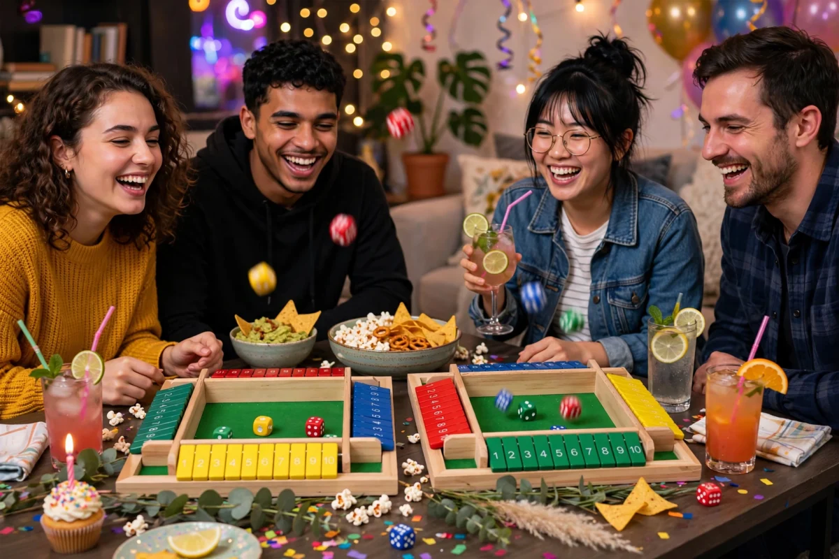 Wooden Shut the Box Dice Game, Classic Family Board Game for Math & Decision-Making Skills, for 2-6 Players, Perfect for Parties Birthdays Halloween and Christmas Gifts, Ideal for Family Game Nights and Stocking Stuffers 2 Four smiling friends gathered around a table with drinks and snacks, actively rolling dice and playing the Wooden Shut the Box Dice Game.