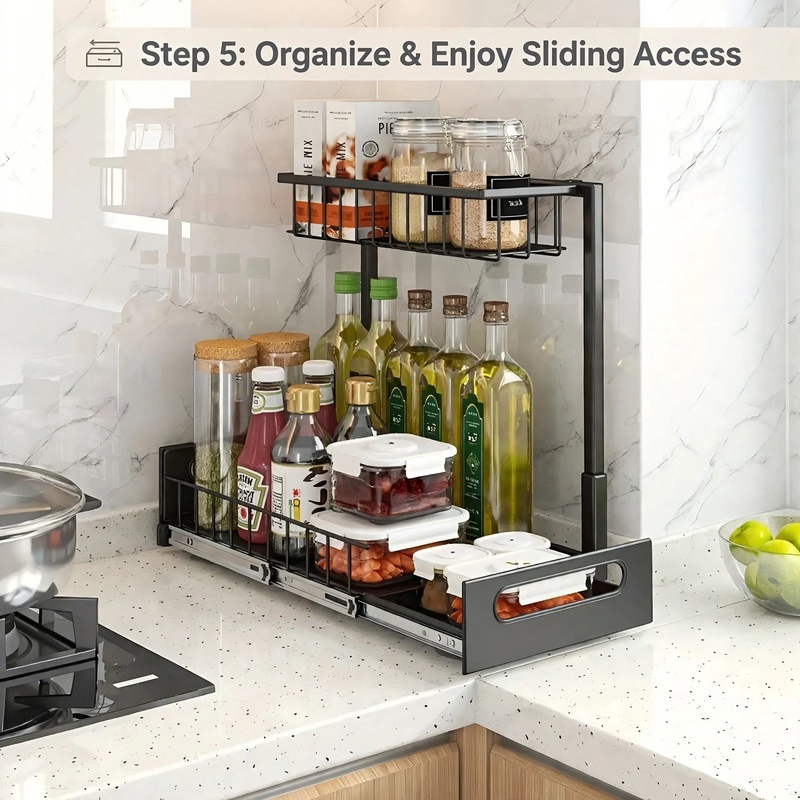 reliable Metal Under Sink Organizers, Pull Out Under Sink Storage Shelves with Sliding Drawer for Kitchen, Bathroom (1pack/2pack) 3 Step 5 tutorial view of black 1pack Metal Under Sink Organizers filled with spice jars and condiments on a countertop.