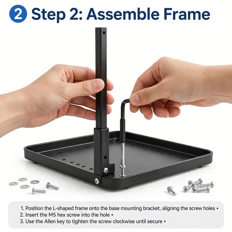 reliable Metal Under Sink Organizers, Pull Out Under Sink Storage Shelves with Sliding Drawer for Kitchen, Bathroom (1pack/2pack) 58 Step 2 assembly guide showing hands using an Allen key to secure the frame of the black 1pack Metal Under Sink Organizers.