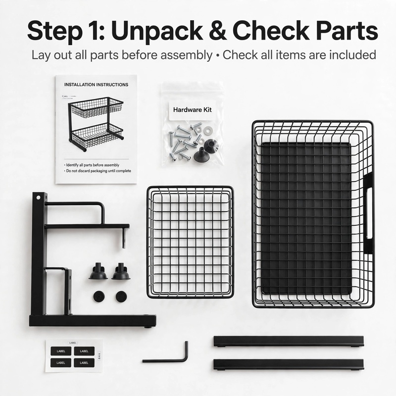 reliable Metal Under Sink Organizers, Pull Out Under Sink Storage Shelves with Sliding Drawer for Kitchen, Bathroom (1pack/2pack) 57 Step 1 unpack and check parts flat lay layout for black 1pack Metal Under Sink Organizers.
