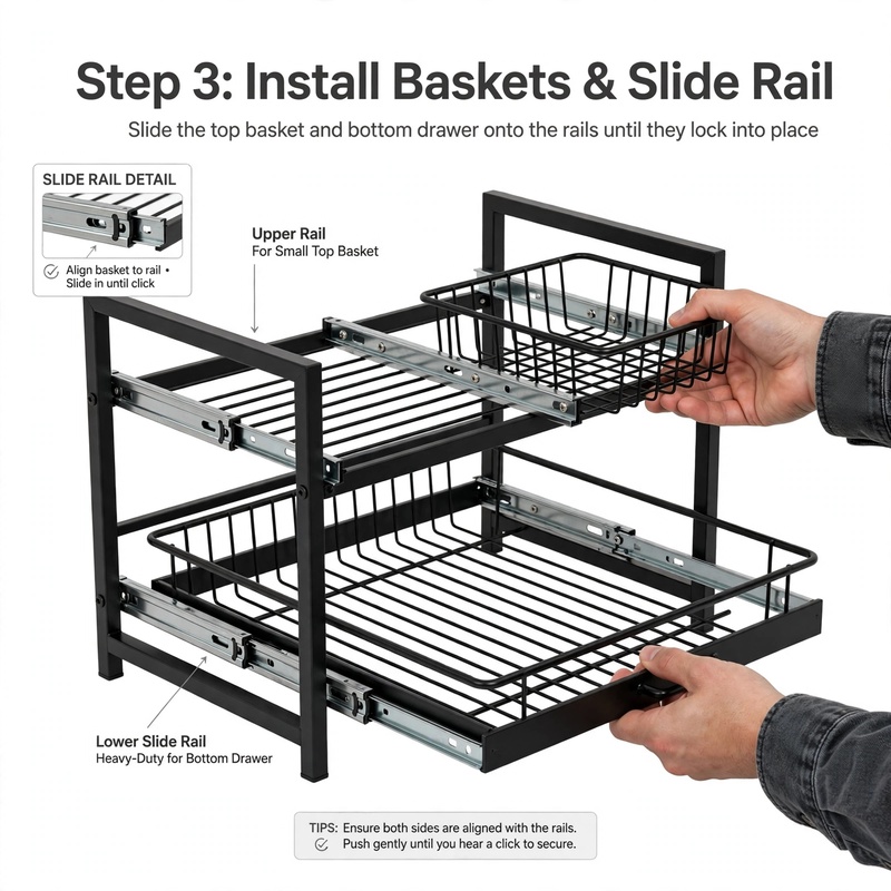 reliable Metal Under Sink Organizers, Pull Out Under Sink Storage Shelves with Sliding Drawer for Kitchen, Bathroom (1pack/2pack) 59 Step 3 installation guide showing how to slide and click baskets onto the rails of the black 1pack Metal Under Sink Organizers.