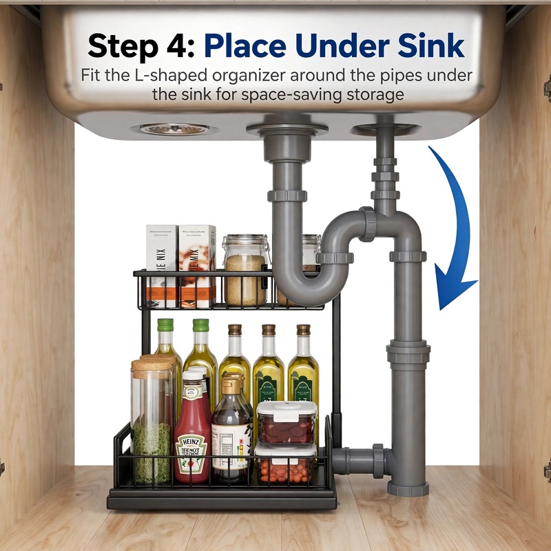 reliable Metal Under Sink Organizers, Pull Out Under Sink Storage Shelves with Sliding Drawer for Kitchen, Bathroom (1pack/2pack) 60 Step 4 placement guide showing the L-shaped black 1pack Metal Under Sink Organizers fitting around sink plumbing.