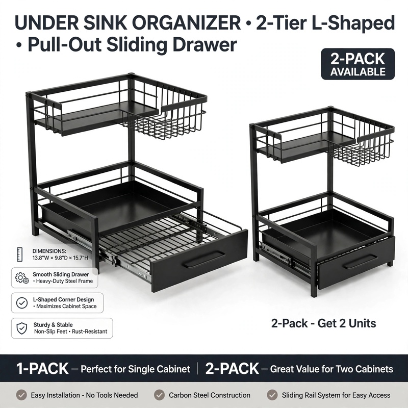 reliable Metal Under Sink Organizers, Pull Out Under Sink Storage Shelves with Sliding Drawer for Kitchen, Bathroom (1pack/2pack) 61 Promotional overview graphic highlighting features and options for the black 1pack Metal Under Sink Organizers.
