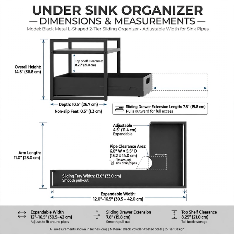 reliable Metal Under Sink Organizers, Pull Out Under Sink Storage Shelves with Sliding Drawer for Kitchen, Bathroom (1pack/2pack) 62 Technical diagram indicating exact measurements, clearances, and expandability options of black 1pack Metal Under Sink Organizers.