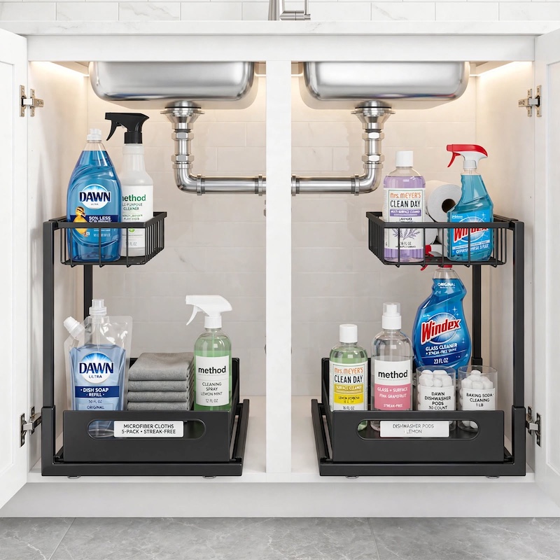 reliable Metal Under Sink Organizers, Pull Out Under Sink Storage Shelves with Sliding Drawer for Kitchen, Bathroom (1pack/2pack) 4 Twin black 2pack Metal Under Sink Organizers installed inside a bright white farmhouse kitchen cabinet holding cleaning sprays and detergents.