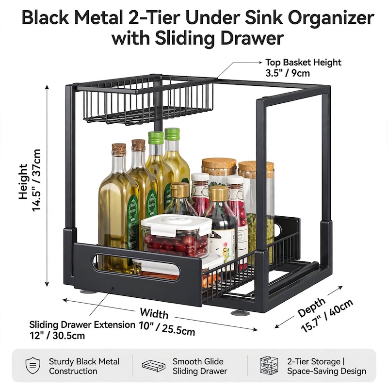 reliable Metal Under Sink Organizers, Pull Out Under Sink Storage Shelves with Sliding Drawer for Kitchen, Bathroom (1pack/2pack) 5 Infographic outlining height, depth, width, and sliding drawer extension specs for the black 2pack Metal Under Sink Organizers.