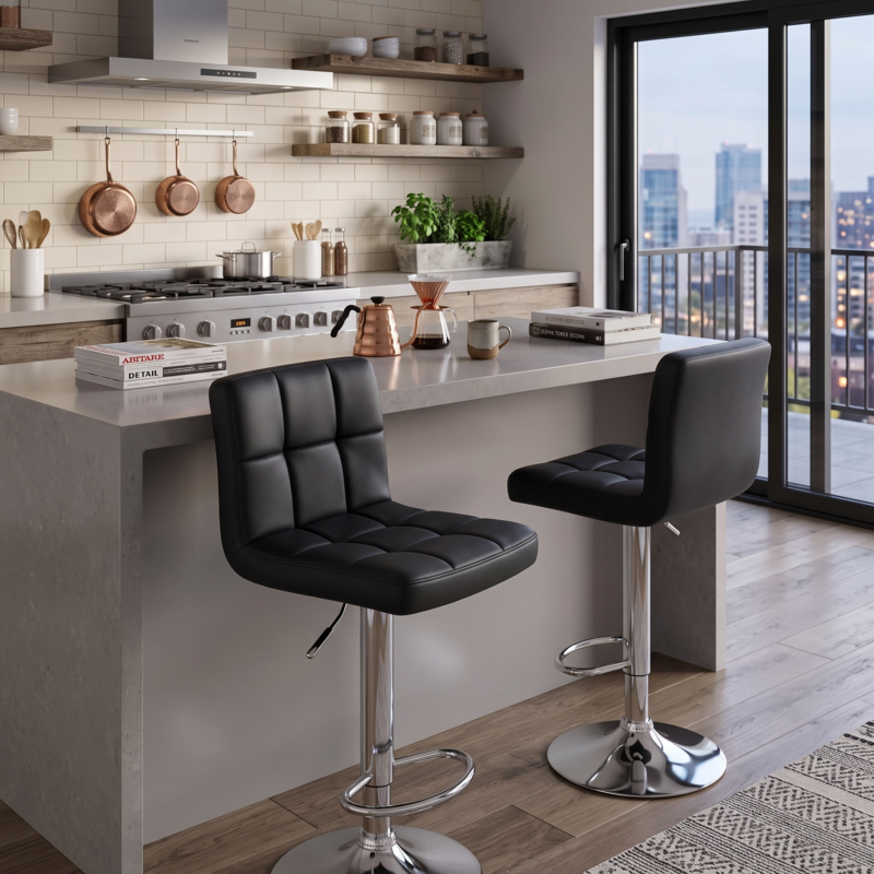 Set Of 2/4 Bar Stools Luxurious PU Leather, Swivel & Adjustable, Armless Kitchen Counter Stools with Thickened Cushion & Back Support, Hydraulic Island Barstools, Black 2 A set of black color 2 bar stools luxurious PU leather with tufted square stitching and chrome pedestals tucked against a modern concrete kitchen island.