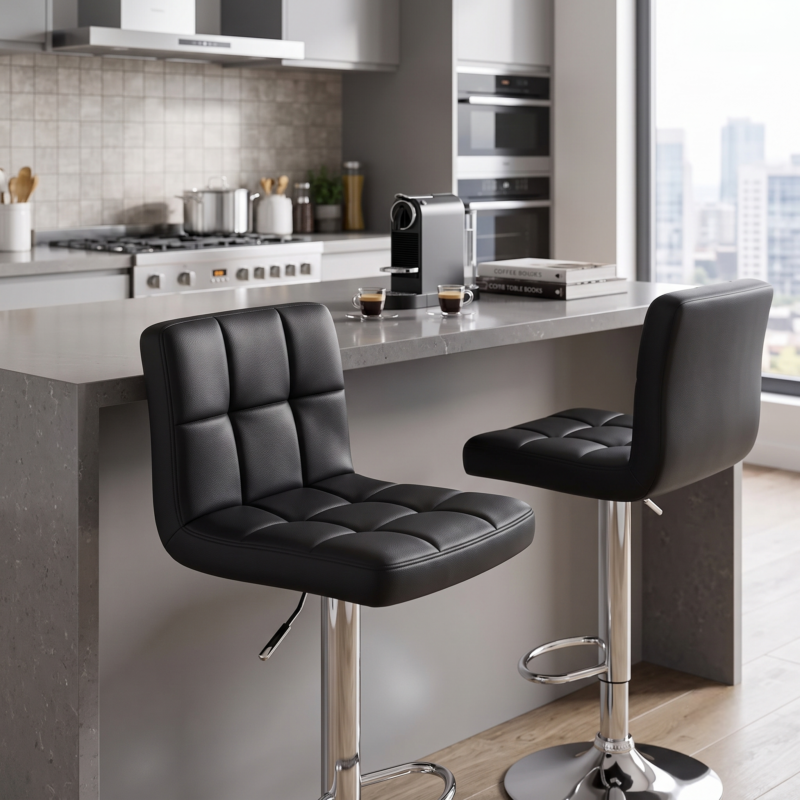 2/4 Bar Stools Luxurious PU Leather bar stools luxurious PU leather with tufted square stitching and chrome pedestals tucked against a modern concrete kitchen island.