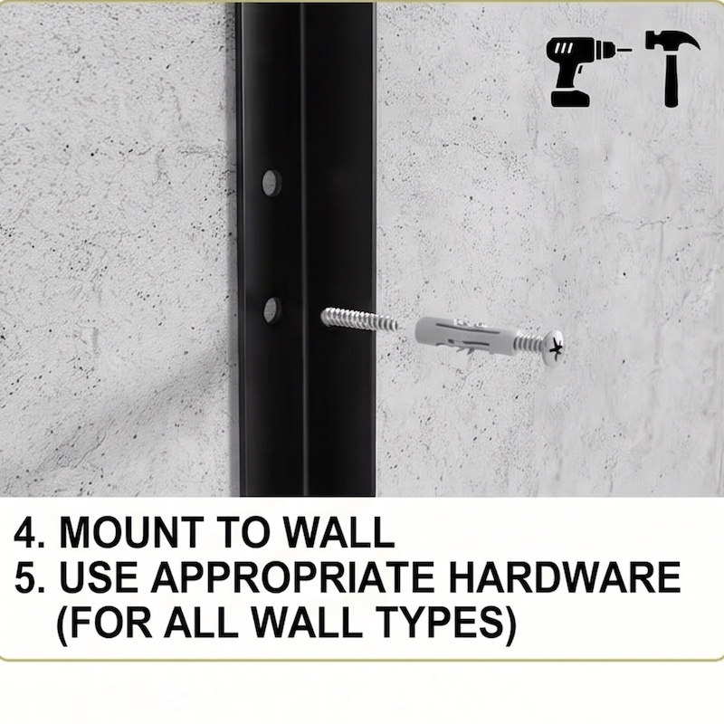 Wall-Mounted Electric Tool Organizer, 4-Tier Wireless Tool Storage with 8 Drill Bit Holders, Practical Garage Rack, Gift for Men, Boyfriends, Husbands, and Partners - Valentine's Day Gifts, Storage Racks 2 Close-up installation view of a black 32.6inche- shots Wall-Mounted Electric Tool Organizer being screwed into a concrete wall.