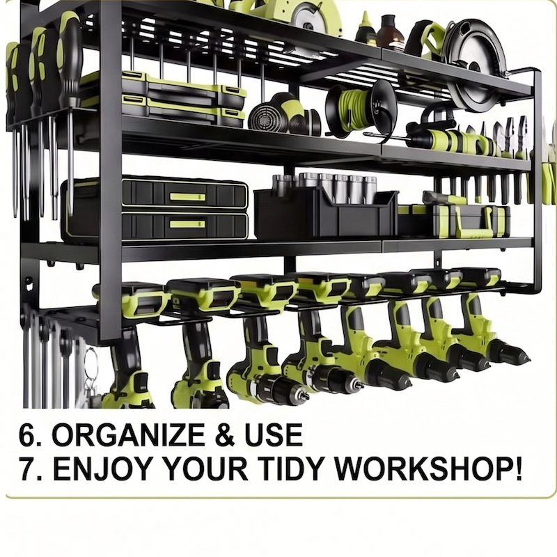 Wall-Mounted Electric Tool Organizer, 4-Tier Wireless Tool Storage with 8 Drill Bit Holders, Practical Garage Rack, Gift for Men, Boyfriends, Husbands, and Partners - Valentine's Day Gifts, Storage Racks 4 Fully loaded black 32.6inche- shots Wall-Mounted Electric Tool Organizer showcasing multiple cordless drills, screwdrivers, and toolboxes.