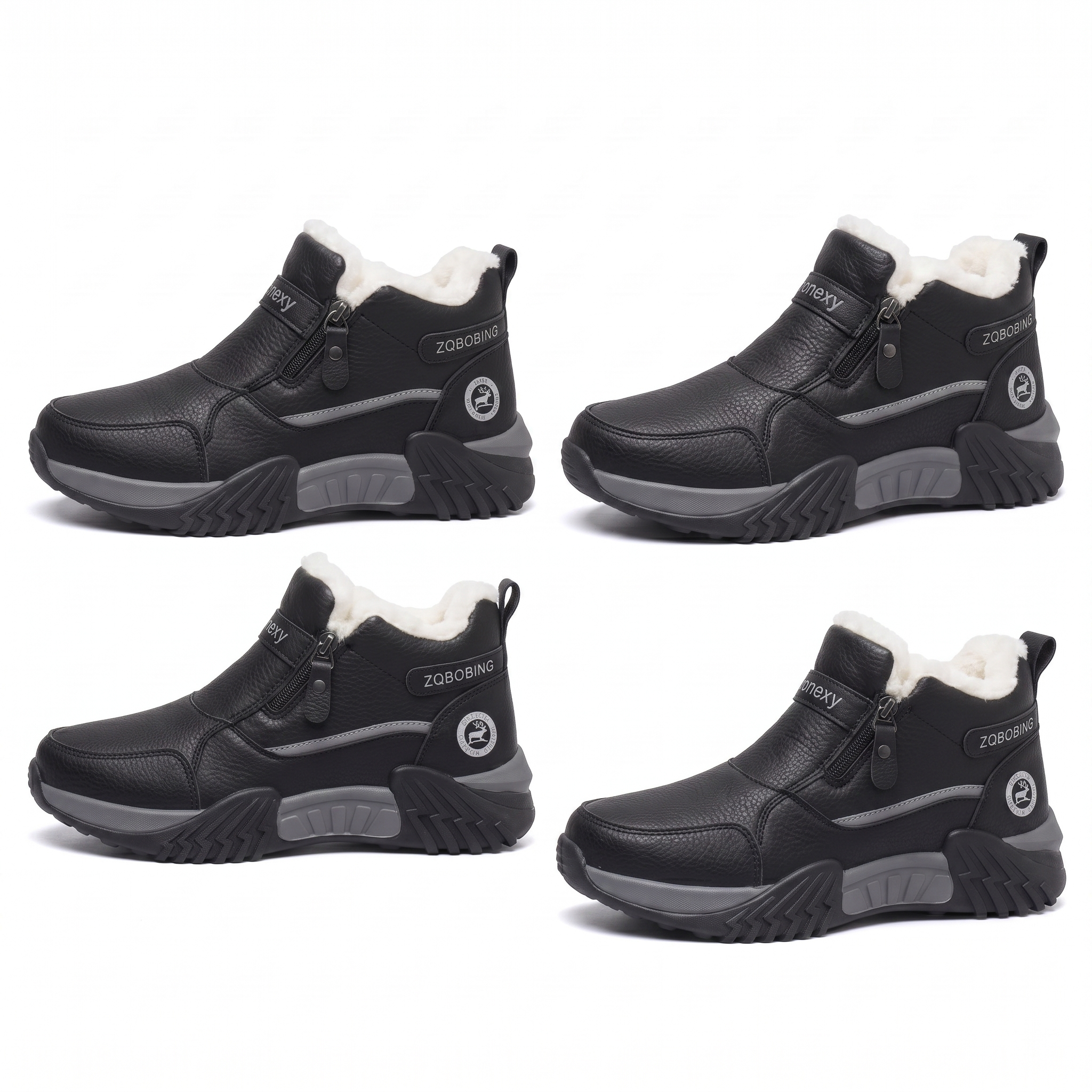 Winter Men'S Thermal Insulated Fleece-Lined Snow Boots - Comfortable, Breathable, And Stylish Hiking Shoes, Short Men'S Boots Suitable for Hiking, Hunting, Work Commuting, And Casual Wear, Winter Boots, Outdoor Footwear - Available in Black/Gray/Kha 4 A clean product comparison grid featuring four identical side-profile views of the black color Insulated Fleece-Lined Snow Boots arranged symmetrically over a pure white background. Each shoe displays the side zipper, reflective metallic gray midsole pod accents, and white text detailing.