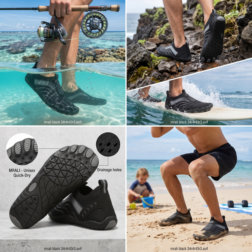 Unisex Quick-Dry Water Shoes, Comfortable and Breathable, Suitable for Fishing, Surfing, Hiking, Wading, Beach Play, and Fitness Squats 9 A four-panel photo collage featuring black color Unisex Quick-Dry Water Shoes being used for fishing in clear water, walking on rocky terrain, surfing on a surfboard, and performing squats on a sandy beach. It includes a studio inset highlighting the drainage holes on the sole.