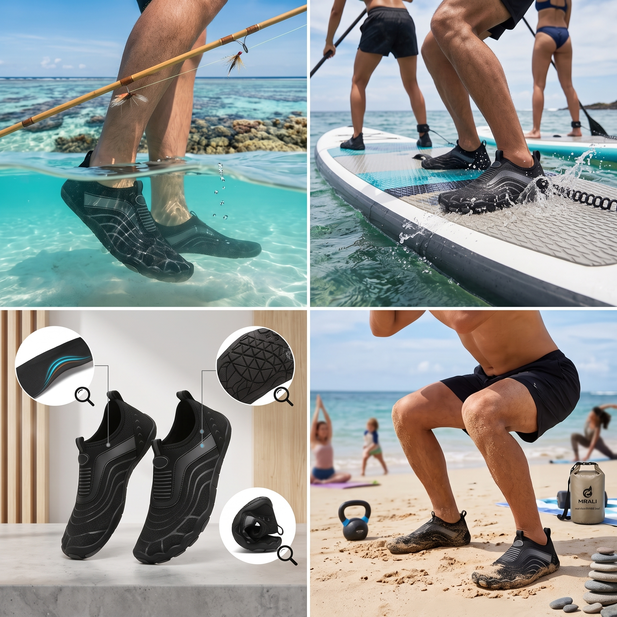 Unisex Quick-Dry Water Shoes, Comfortable and Breathable, Suitable for Fishing, Surfing, Hiking, Wading, Beach Play, and Fitness Squats 29 A four-panel lifestyle collage showcasing black color Unisex Quick-Dry Water Shoes used for shallow-water fishing, stand-up paddleboarding, and sandy beach squats. A detailed graphic inset highlights the shoe's flexible sole structure and cushioned arch support.