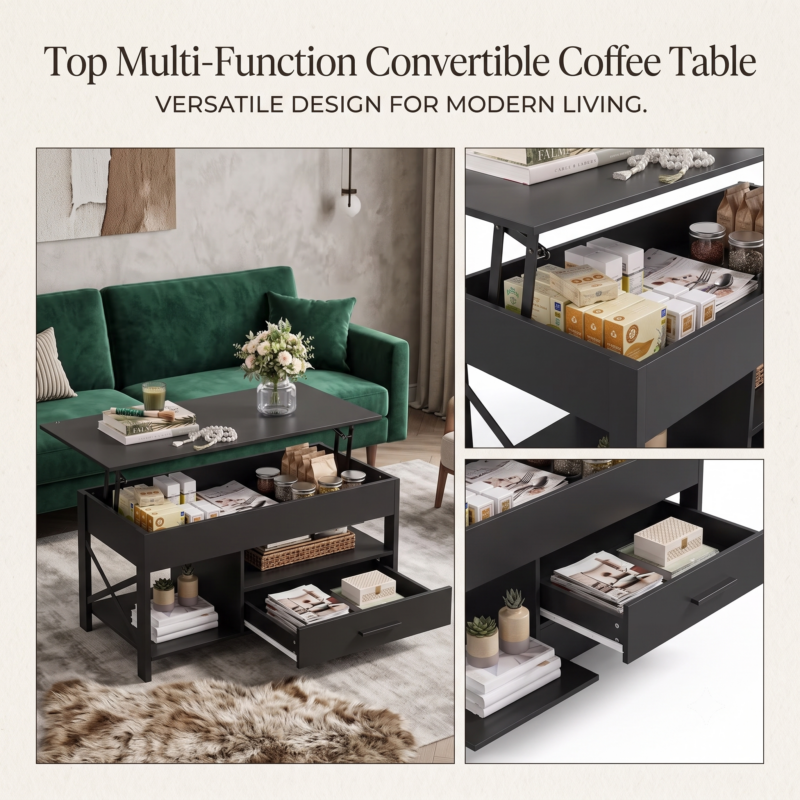 Coffee Table Lift Top, Multi-Function Convertible Coffee Table with Drawers and Hidden Compartment, Coffee Table Converts to Dining Table for Living Room, Home Office, Patio Furniture, outdoor furniture 2 A three-panel graphic layout featuring a black Top Multi-Function Convertible Coffee Table with the header text Top Multi-Function Convertible Coffee Table Versatile Design For Modern Living. The main left panel shows the table fully extended in a living room with a green velvet sofa, a faux fur rug, and a floral vase. The two smaller right panels provide close-up cutaways detailing the open inner storage bins packed with pantry boxes and a macro view of the sliding lower storage drawer.