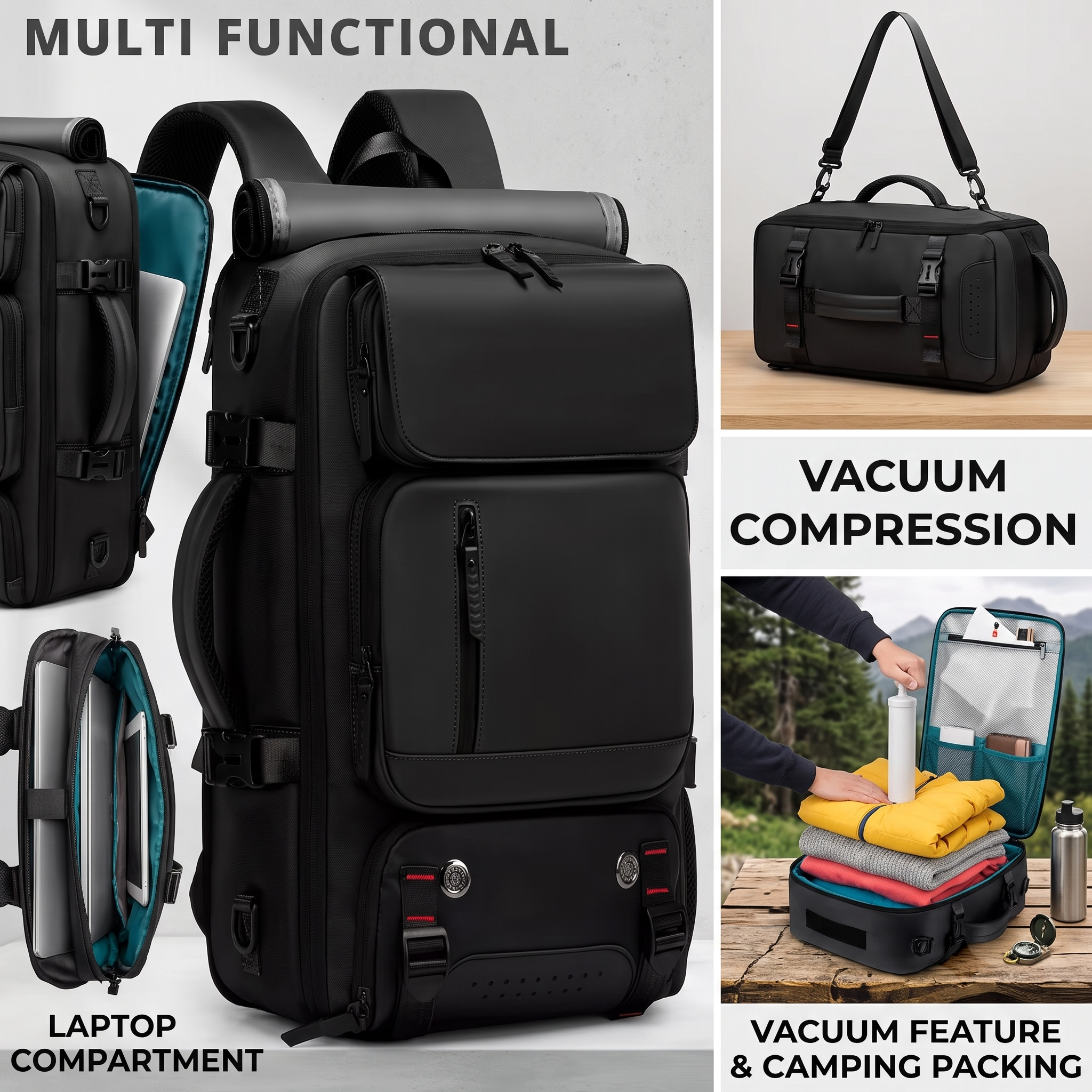 reliable Business Men'S Vacuum Compression Backpack | Multi-functional Shoulder/Handbag, Laptop Compartment, Includes Pump, Ideal for Camping, Hiking, Daily Commute, Foldable, Lightweight, Peacock 14 A multi-panel product presentation collage showcasing the different storage and functional compartments of a sleek black color business men'S vacuum compression backpack, with views of the tech pockets and the camping packing process.