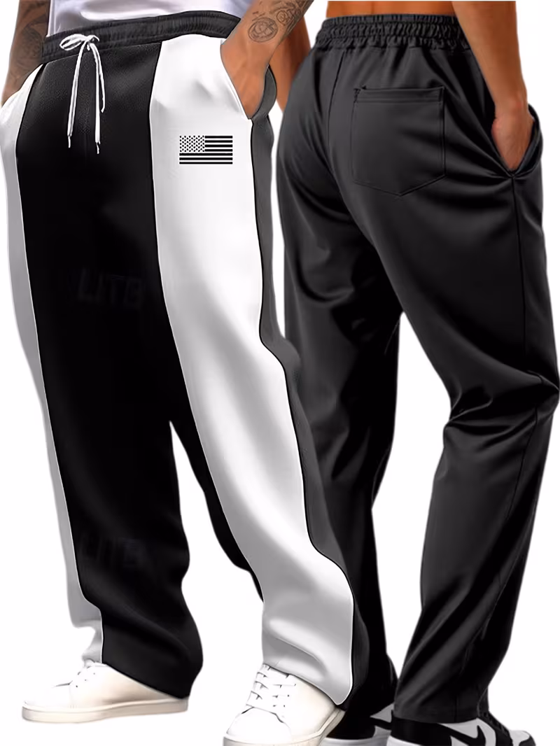 Men'S Color-Blocked Casual Pants Feature a Stylish Design with Comfortable And Structured Fabric. The Drawstring Waist Fits The Body Well, Making It Trendy And Eye-Catching. with a Loose Straight Cut 3 Men's multi-view black and grey color blocked casual pants.