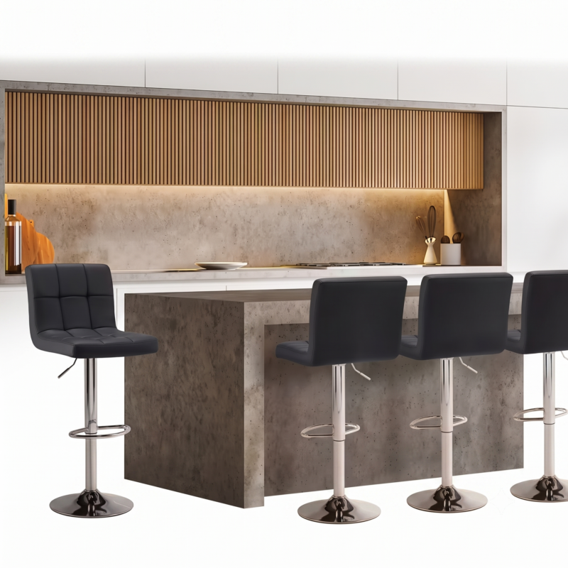 Set Of 2/4 Bar Stools Luxurious PU Leather, Swivel & Adjustable, Armless Kitchen Counter Stools with Thickened Cushion & Back Support, Hydraulic Island Barstools, Black 4 A set of black color 4 bar stools luxurious PU leather with padded backrests and chrome pedestals arranged along a concrete kitchen island against a slatted wood backsplash.
