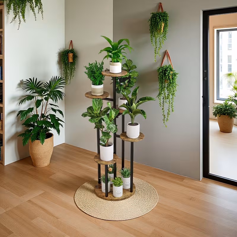 practical Indoor Plant Stand with 6 Tiers, Suitable for Various Plants, Corner Flower Display for The Living Room, Featuring a Multi-Layer Vintage Design 13 A detailed lifestyle collage showcasing various indoor plants like monsteras, snake plants, and succulents styled beautifully on a black color Indoor Plant Stand with 6 Tiers.