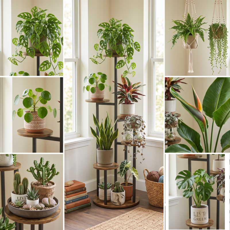 practical Indoor Plant Stand with 6 Tiers, Suitable for Various Plants, Corner Flower Display for The Living Room, Featuring a Multi-Layer Vintage Design 2 A detailed lifestyle collage showcasing various indoor plants like monsteras, snake plants, and succulents styled beautifully on a black color Indoor Plant Stand with 6 Tiers.