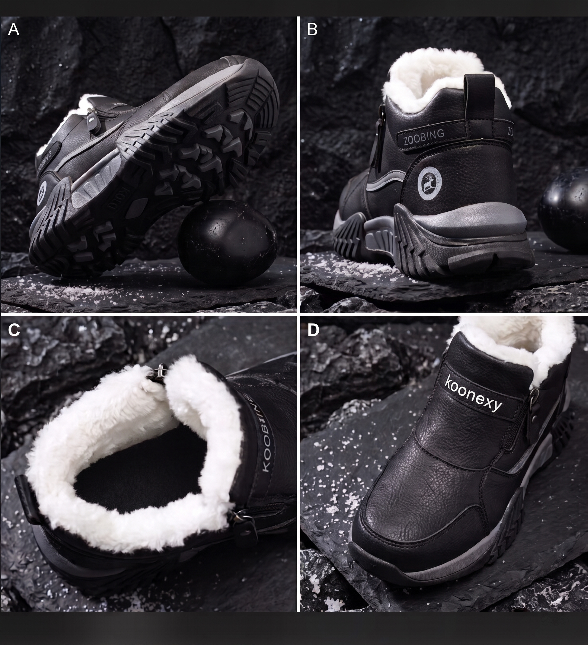 Winter Men'S Thermal Insulated Fleece-Lined Snow Boots - Comfortable, Breathable, And Stylish Hiking Shoes, Short Men'S Boots Suitable for Hiking, Hunting, Work Commuting, And Casual Wear, Winter Boots, Outdoor Footwear - Available in Black/Gray/Kha 3 A 4-panel e-commerce feature grid showcasing details of black color Insulated Fleece-Lined Snow Boots labeled A, B, C, and D. Panel A shows the heavy-duty under-sole traction pattern; Panel B displays the rear heel profile; Panel C provides a top-down view inside the dense white fleece collar; Panel D shows an aerial top view of the boot toe and vamp with the word "koonexy" printed on the bridge strap.