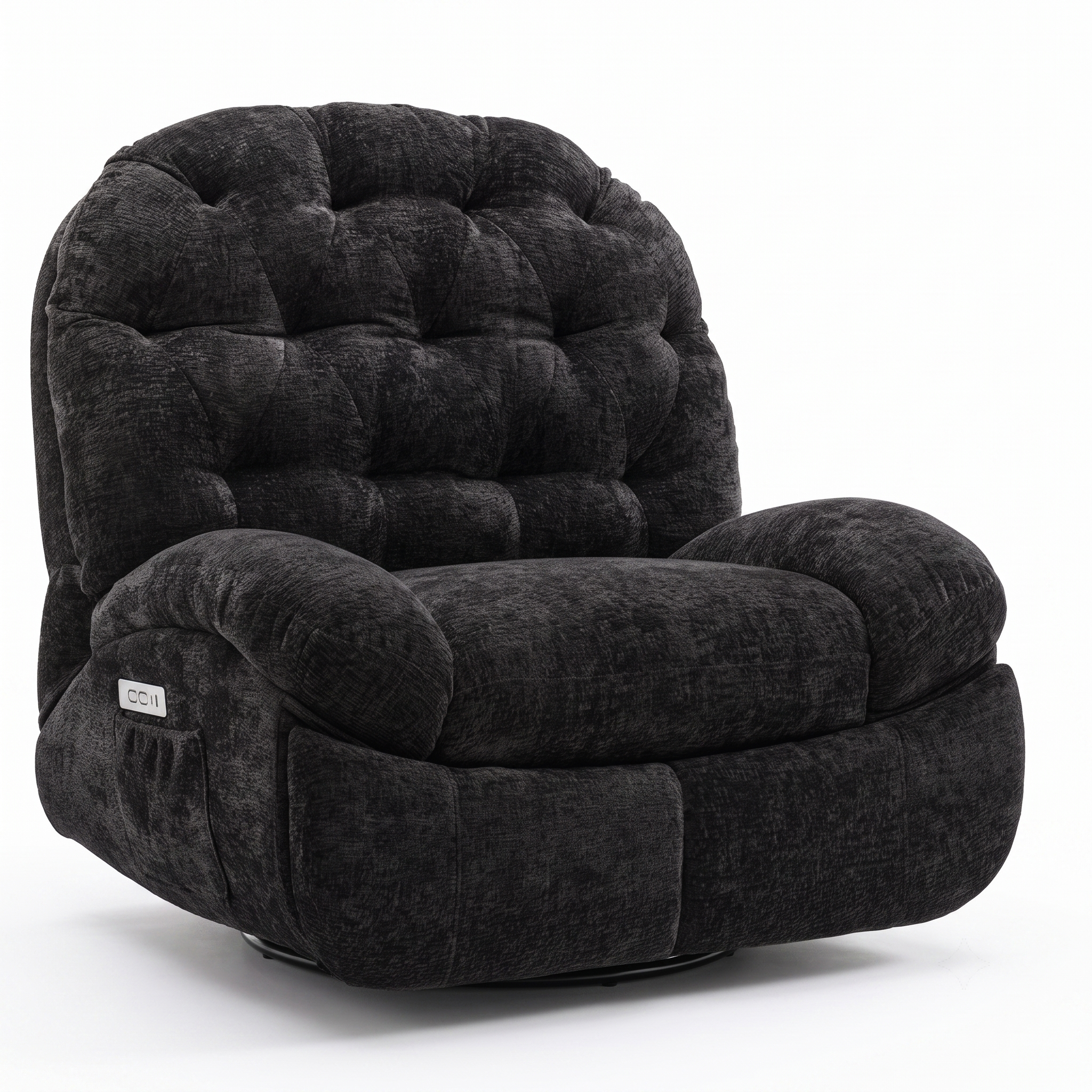 Oversized Swivel Recliner Chair, Adult Electric Recliner with USB Port And Side Pocket Storage, Comfortable Soft Shell Rocking Chair, Large Chenille Recliner Suitable for The Living Room 2 A studio product shot displaying an oversized electric swivel recliner upholstered in plush black chenille fabric, angled slightly to the right and isolated against a clean white background. The image clearly captures its thick cushioning, button-tufted backrest, and integrated side control panel.