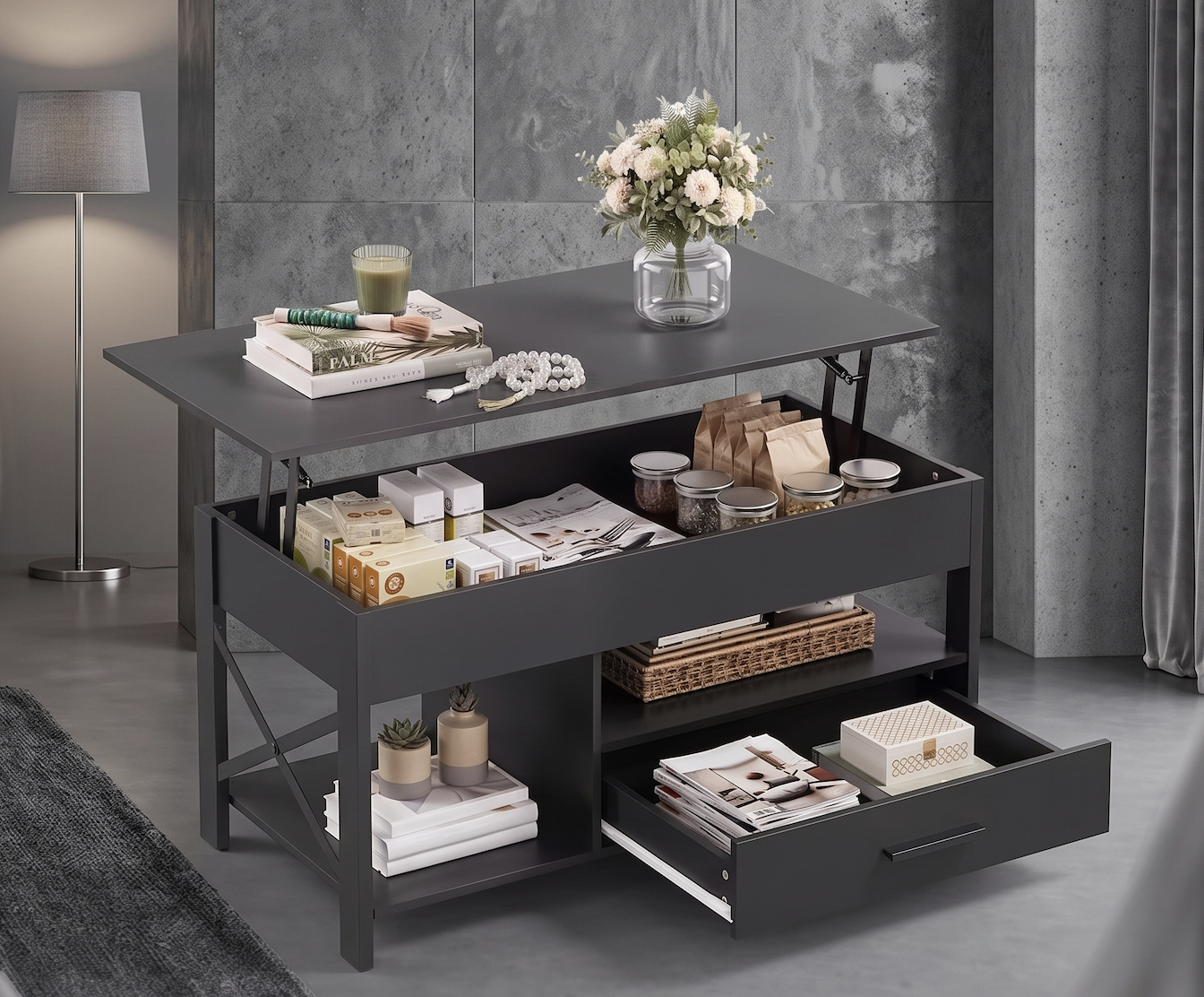 Coffee Table Lift Top, Multi-Function Convertible Coffee Table with Drawers and Hidden Compartment, Coffee Table Converts to Dining Table for Living Room, Home Office, Patio Furniture, outdoor furniture 3 Studio setting featuring a black Top Multi-Function Convertible Coffee Table with its desktop surface raised via heavy-duty metal lift arms. The table is stocked with books, a candle, a floral centerpiece, and decorative beads. The open interior contains organized coffee canisters and packaged goods, while the lower shelf displays storage baskets, stacked magazines, and an open bottom drawer on metal tracks.