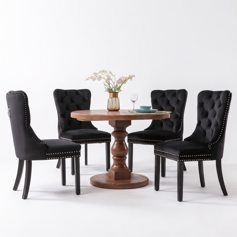 Set of 4 Upholstered Dining Chairs, Velvet Chairs with Button Tufting And Sturdy Wooden Legs, Contemporary Fabric Side Chairs for Dining Areas, Kitchens, Restaurants, And Hotels 3 A group of elegant tufted chairs surrounding a round wooden pedestal table demonstrating the sophisticated layout available in our beige color Set of 4 Upholstered Dining Chairs collection.