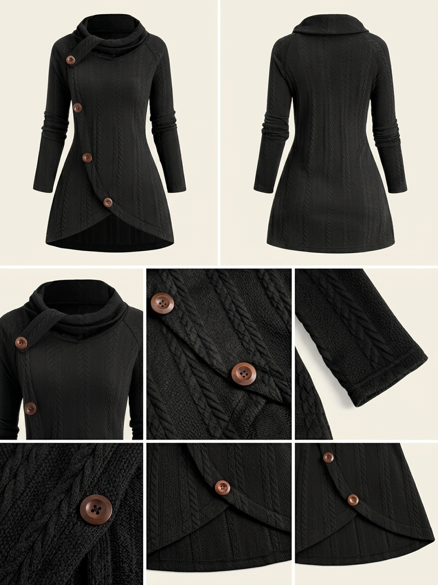 useful Sophisticated Decorative Buttoned Long Sleeve Top | Modern High Neck Knit for Business Casual 16 A studio product shot of a black long sleeve top featuring a high cowl neck, asymmetrical front crossover, and four brown wood-textured decorative buttons.