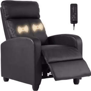 A professional product photograph on a white background, showcasing a plush, black color Chair for Living Room Recliner Sofa (Breathable). The chair is slightly reclined with the footrest extended. Two white glowing icons on the backrest visualize a heating or massage feature, and a wired remote control is positioned in the upper right.