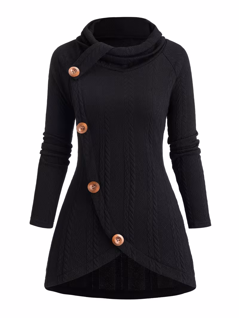useful Sophisticated Decorative Buttoned Long Sleeve Top | Modern High Neck Knit for Business Casual 11 Front Full View: A studio product shot of a black long sleeve top featuring a high cowl neck, asymmetrical front crossover, and four brown wood-textured decorative buttons.
