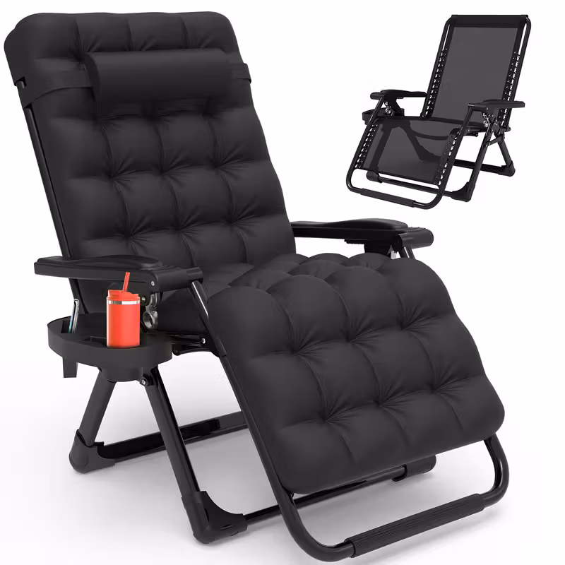 The Ultimate Relaxation Zero Gravity Chair Lounge Chair Recliner with Secure Multi-Position Locks 2 A black color Zero Gravity Chair Lounge Chair Recliner featuring a thick, tufted removable cushion, an adjustable headrest, and a side cup holder tray. The image shows the chair in both its padded luxury state and its breathable mesh folding state.