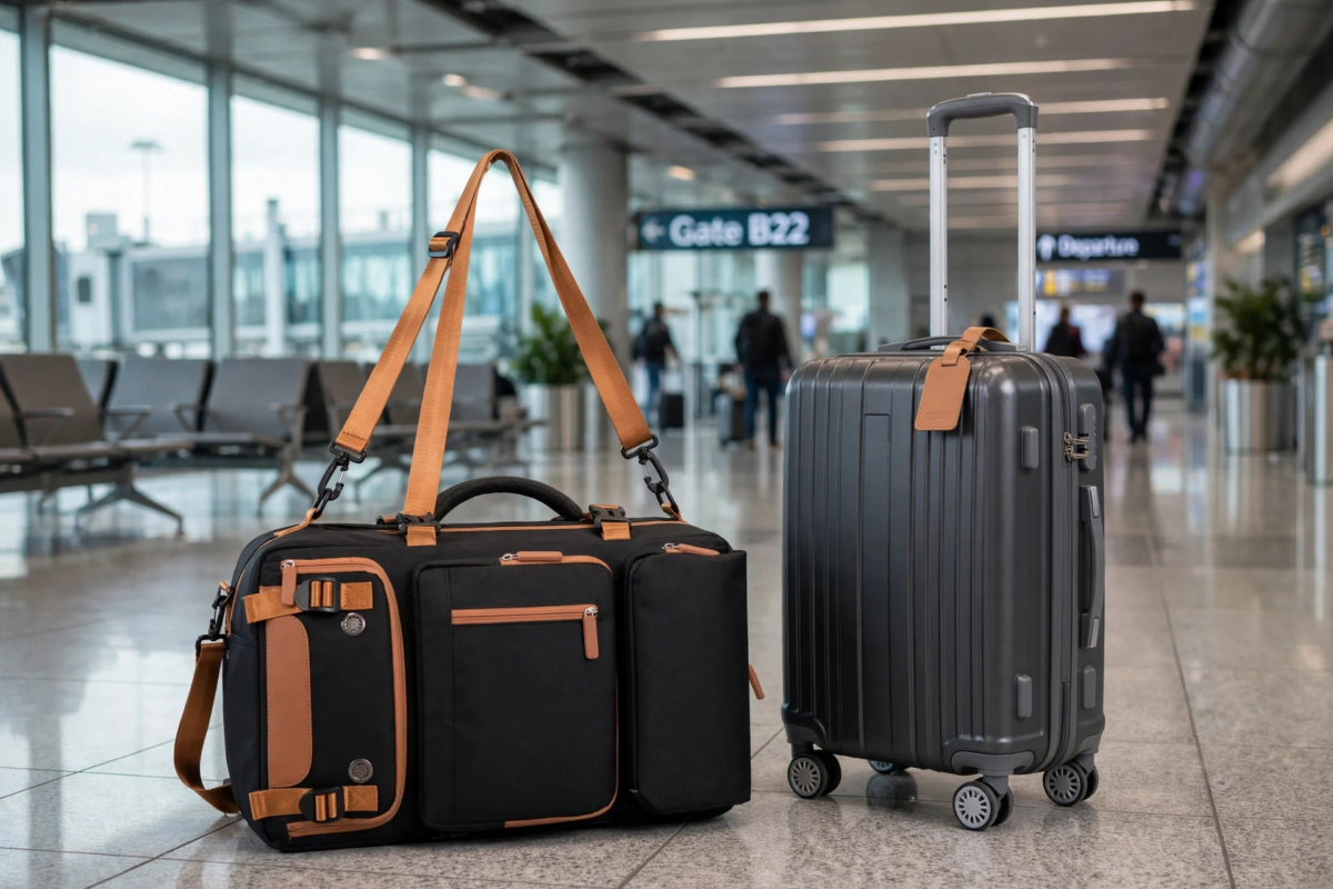 A Versatile Large-Capacity Backpack for Students, Suitable for Short Trips, Laptops, And Various Uses, Including Dual Shoulder Straps And a Convenient Carry Option 5 A black color Versatile Large-Capacity Backpack for Students shown as a duffel next to a rolling suitcase in an airport terminal.