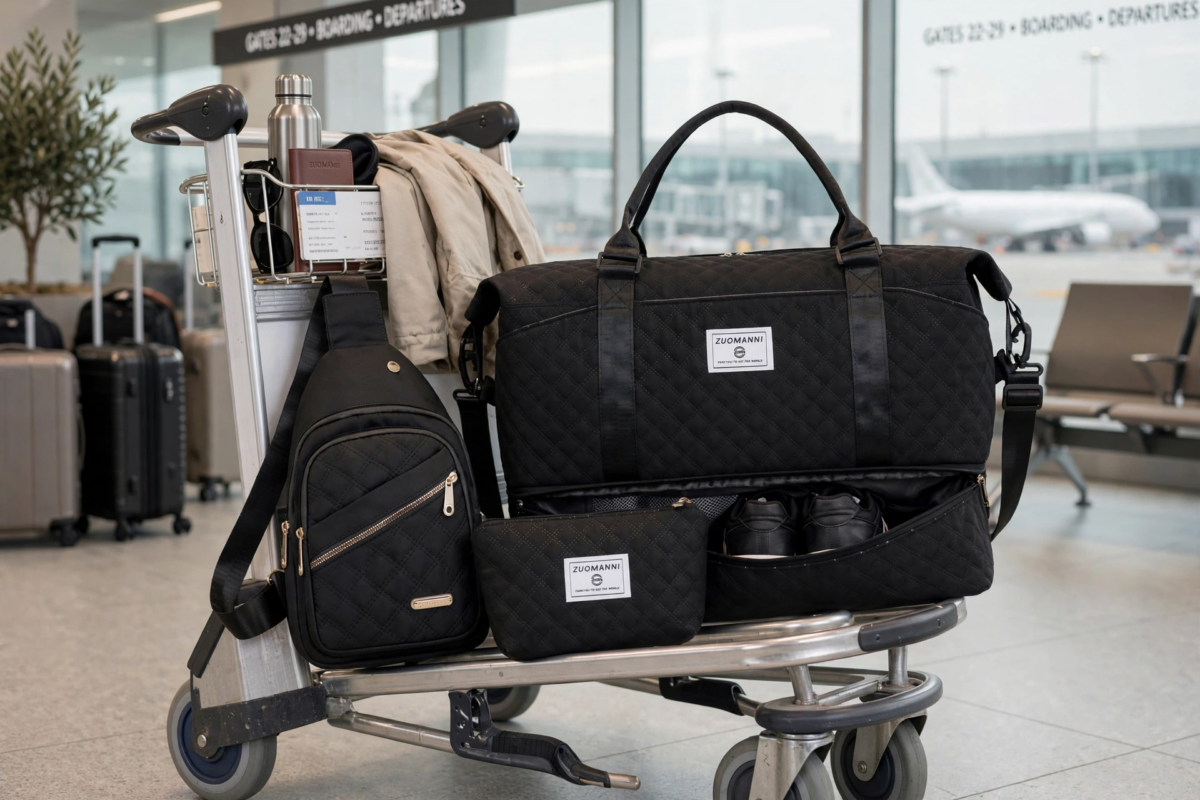 A Three-Piece Travel Set Including a Tote Bag, a Toiletry Bag, And a Shoulder Bag, Featuring a Spacious Independent Shoe Compartment, Perfect for Outdoor Fitness, Travel, Overnight Stays, And Weekend Trips 7 An airport terminal luggage cart holding a black color tote bag set with shoes visible in the bottom compartment, passport, water bottle, and a jacket.