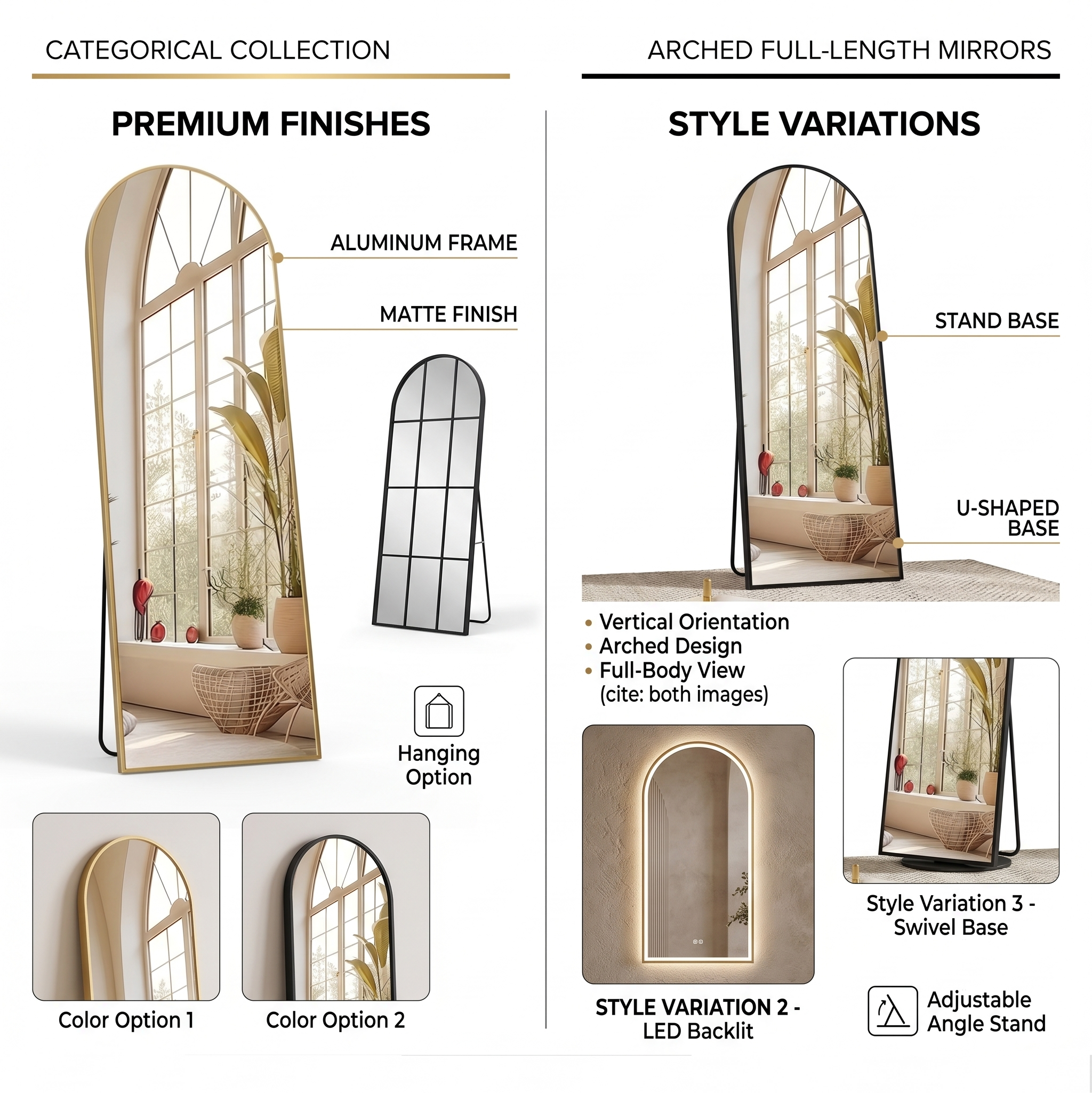 Arched Full Length Mirror with Free Standing & Leaning/Hanging Mount - Tall Vertical Oval Arch Design, Full-Body Mirror Suitable for Living Room, Bedroom, Cloakroom - Modern Simple Aluminum Frame Vertical Mirror 9 mrali black and golden 3ref3r