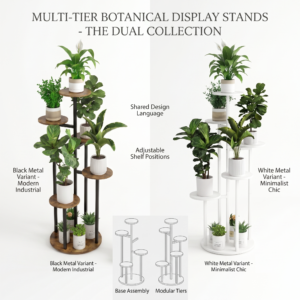 Side-by-side comparison infographic of a modern industrial black metal variant and a minimalist chic white metal variant of an Indoor Plant Stand with 6 Tiers, featuring adjustable shelf positions and a shared design language.