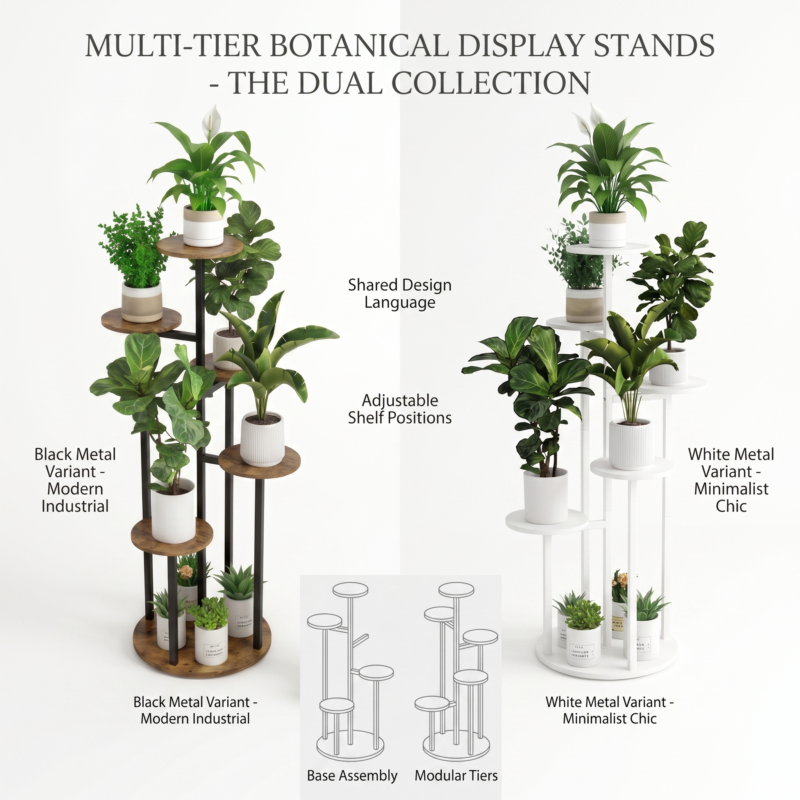 Side-by-side comparison infographic of a modern industrial black metal variant and a minimalist chic white metal variant of an Indoor Plant Stand with 6 Tiers, featuring adjustable shelf positions and a shared design language.