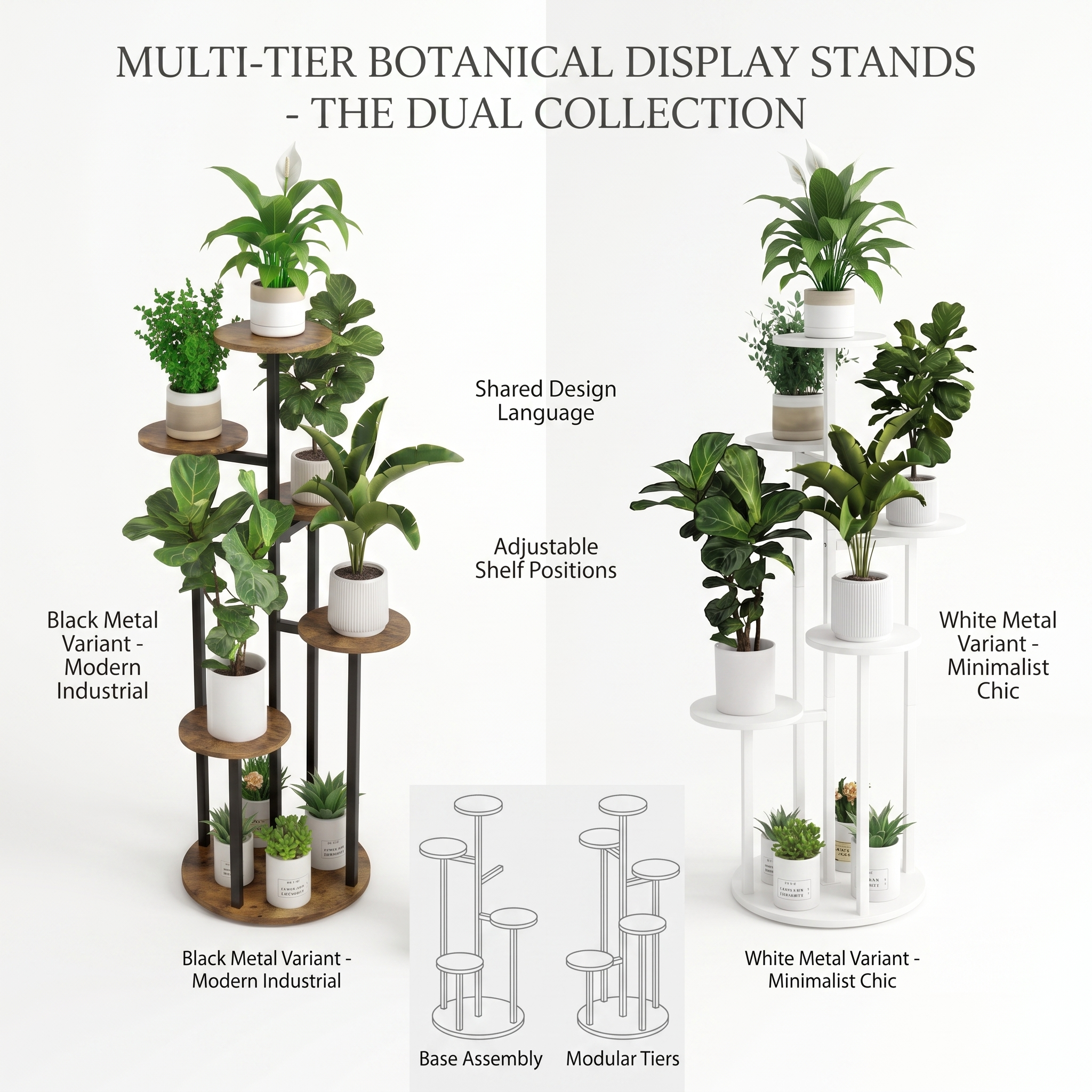 practical Indoor Plant Stand with 6 Tiers, Suitable for Various Plants, Corner Flower Display for The Living Room, Featuring a Multi-Layer Vintage Design 1 Side-by-side comparison infographic of a modern industrial black metal variant and a minimalist chic white metal variant of an Indoor Plant Stand with 6 Tiers, featuring adjustable shelf positions and a shared design language.